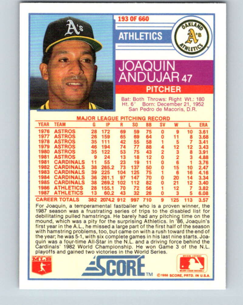 1988 Score #193 Joaquin Andujar Mint Oakland Athletics  Image 2