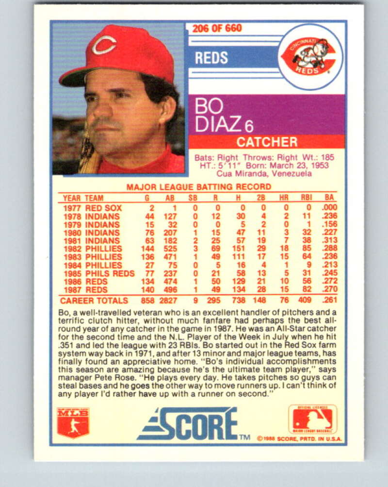 1988 Score #206 Bo Diaz Mint Cincinnati Reds