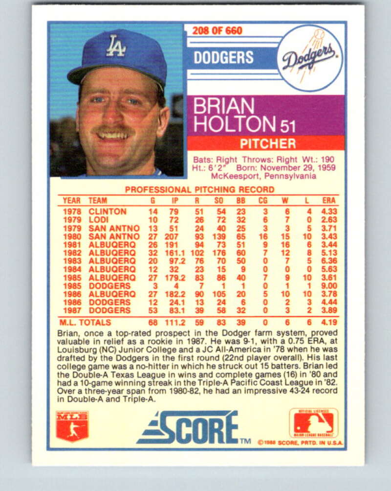 1988 Score #208 Brian Holton Mint Los Angeles Dodgers  Image 2