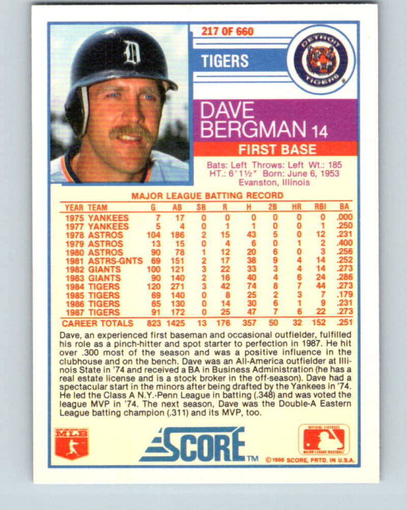 1988 Score #217 Dave Bergman Mint Detroit Tigers  Image 2