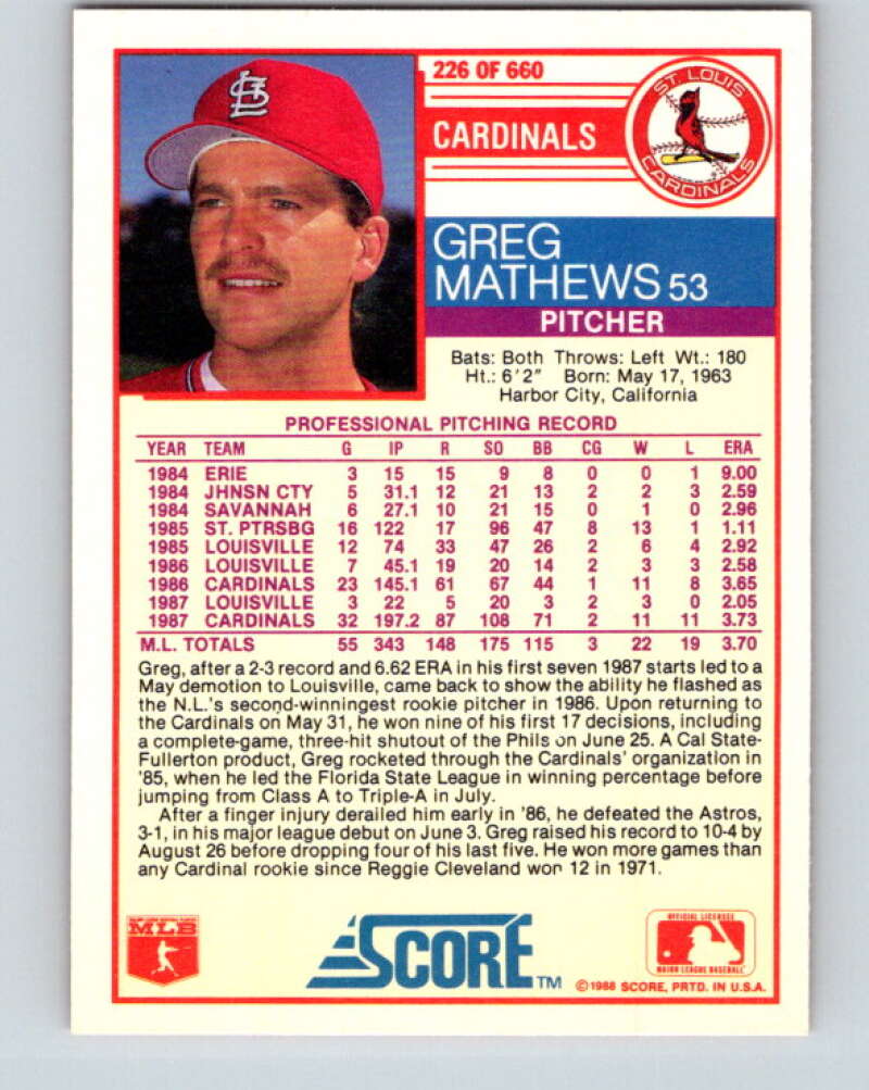 1988 Score #226 Greg Mathews Mint St. Louis Cardinals  Image 2