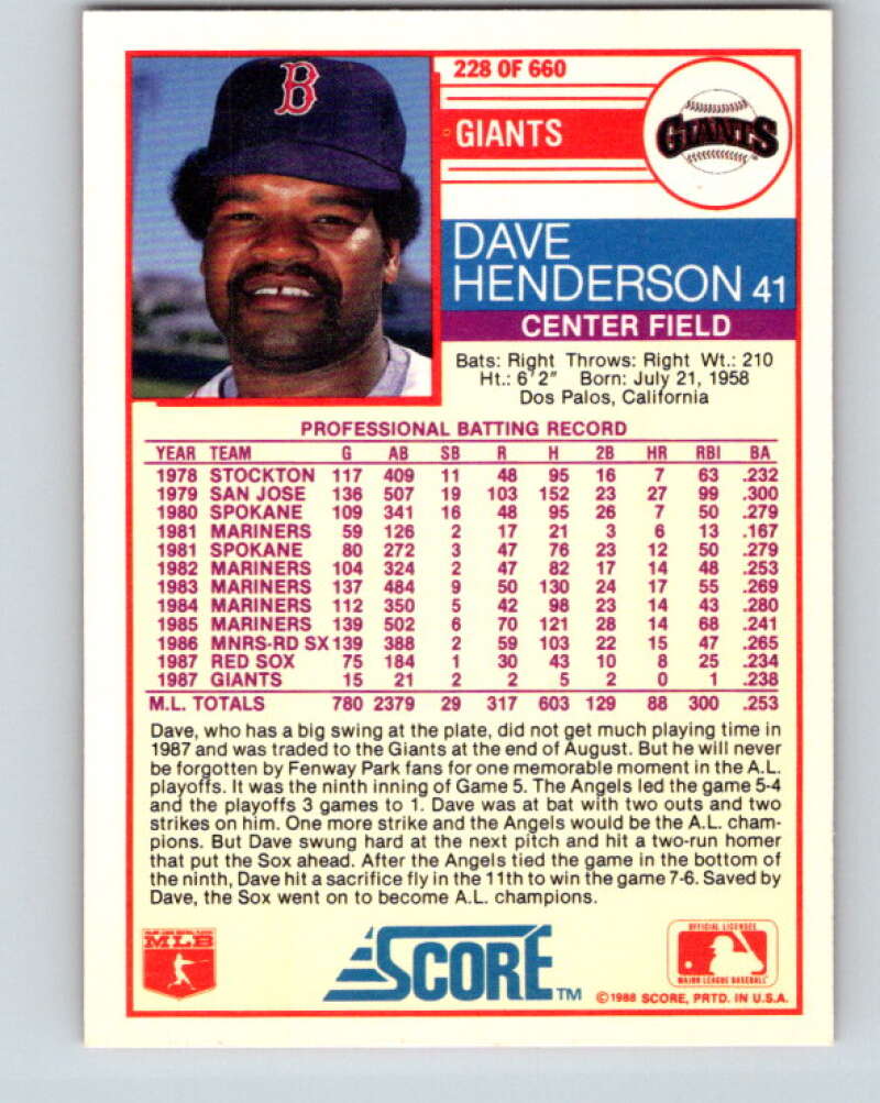 1988 Score #228 Dave Henderson Mint San Francisco Giants  Image 2