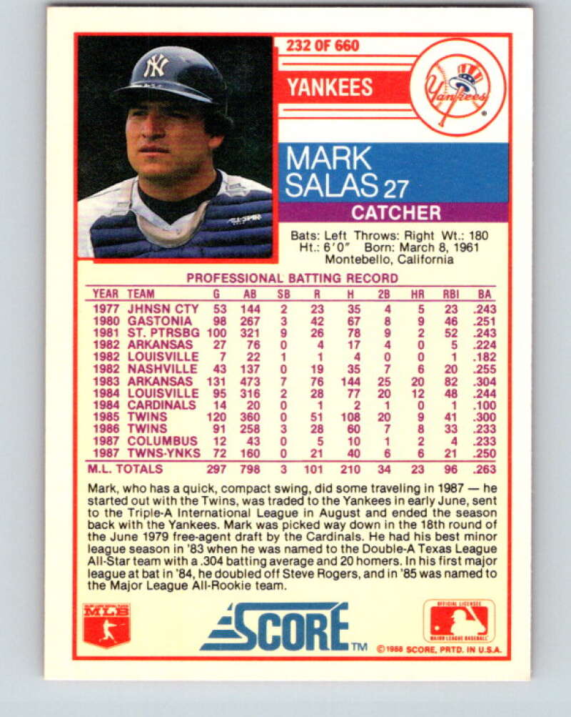 1988 Score #232 Mark Salas Mint New York Yankees  Image 2