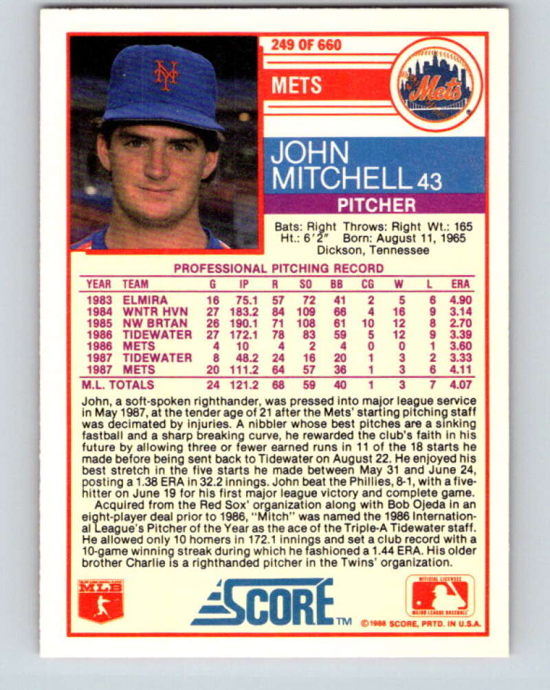 1988 Score #249 John Mitchell Mint RC Rookie New York Mets  Image 2