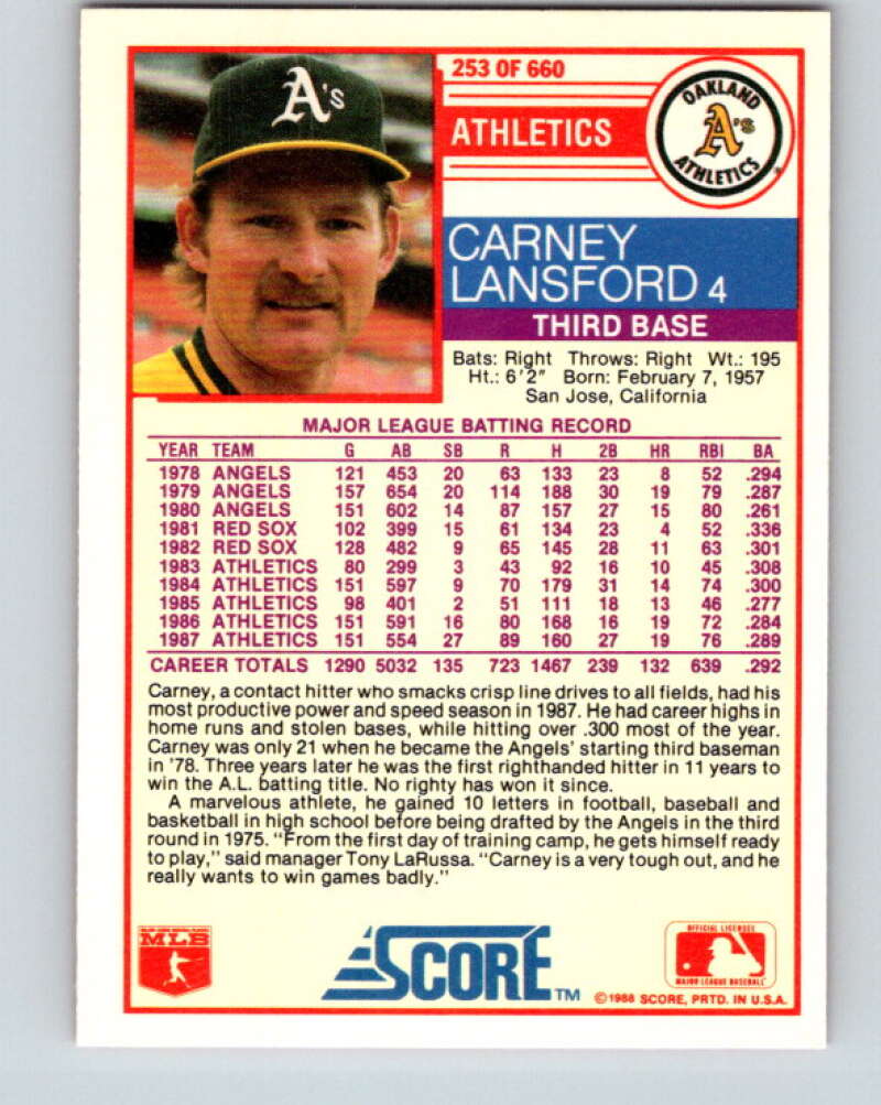 1988 Score #253 Carney Lansford Mint Oakland Athletics  Image 2