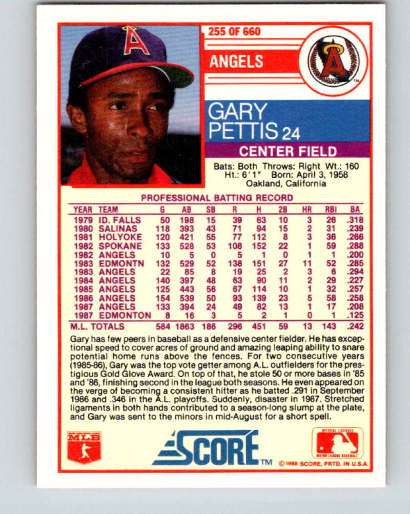 1988 Score #255 Gary Pettis Mint California Angels  Image 2