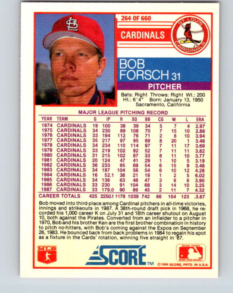 1988 Score #264 Bob Forsch Mint St. Louis Cardinals  Image 2