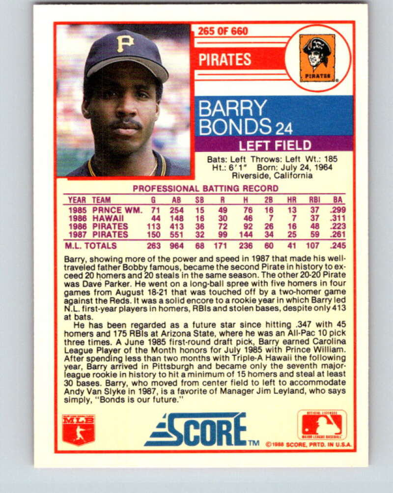 1988 Score #265 Barry Bonds Mint Pittsburgh Pirates