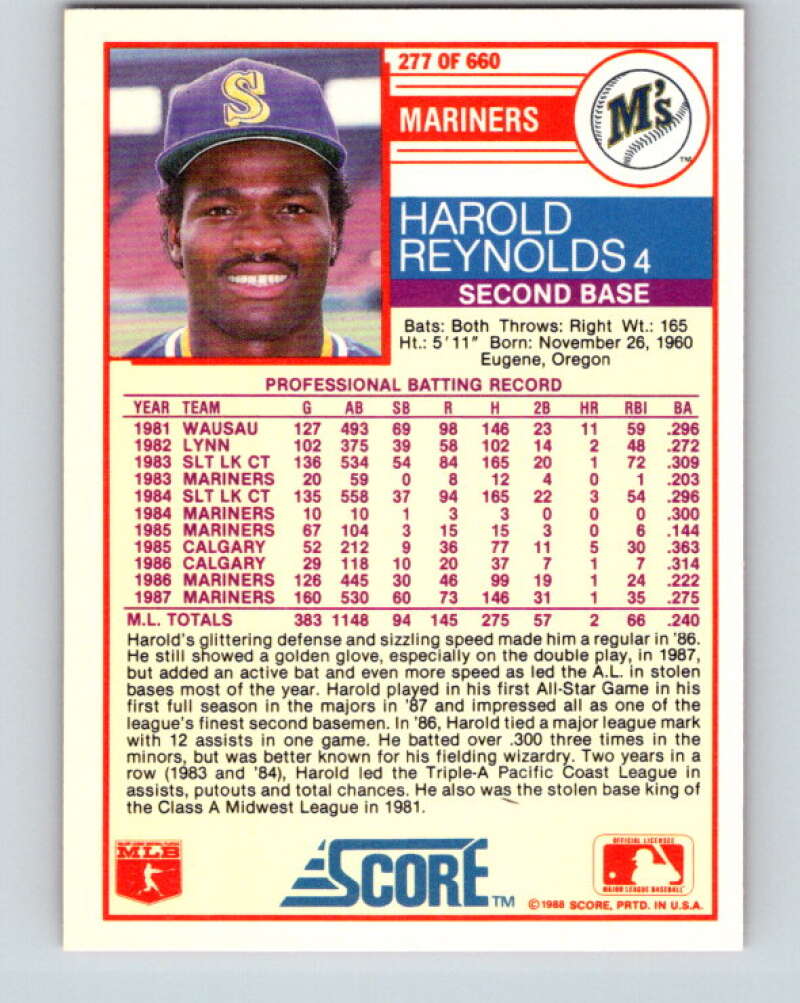 1988 Score #277 Harold Reynolds Mint Seattle Mariners  Image 2