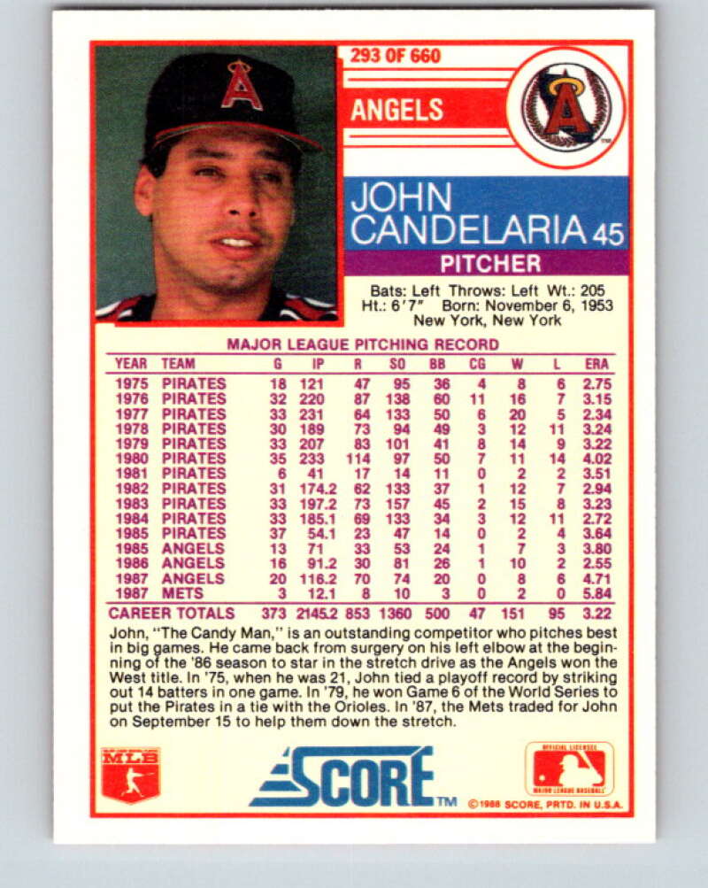 1988 Score #293 John Candelaria Mint California Angels  Image 2