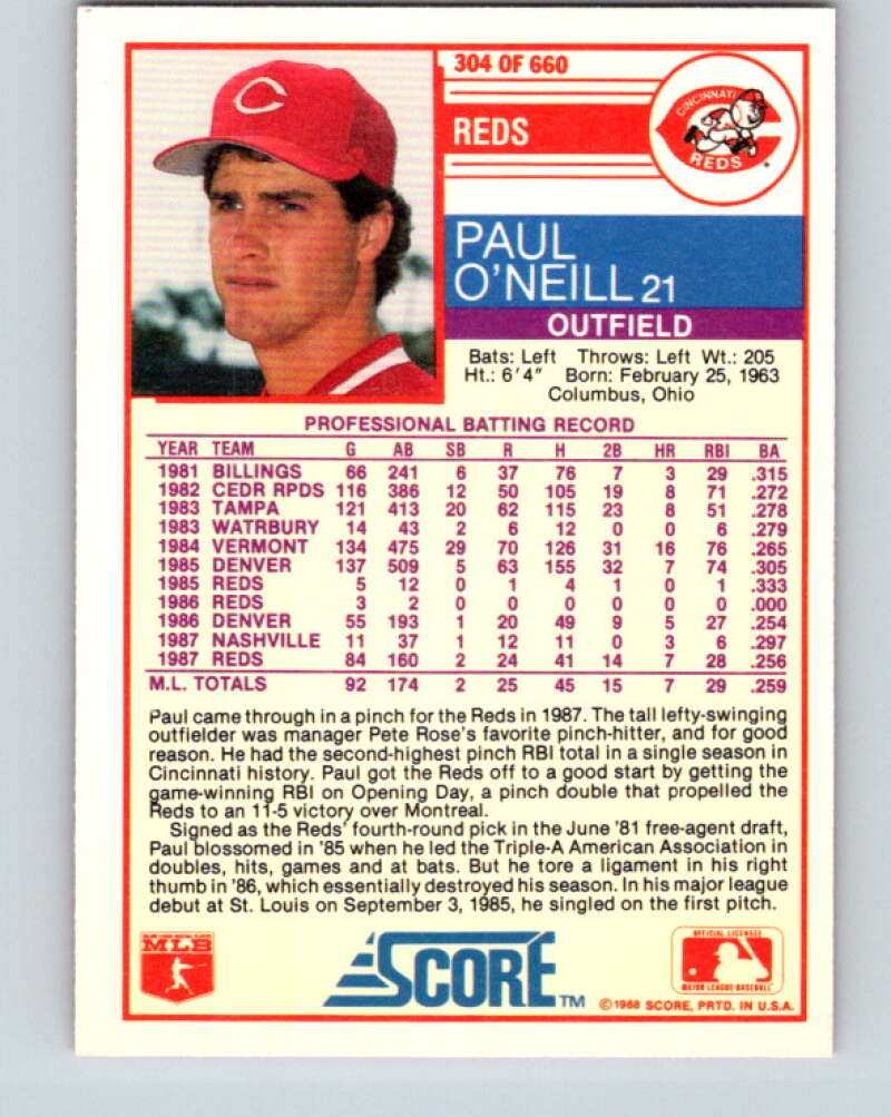 1988 Score #304 Paul O'Neill Mint Cincinnati Reds  Image 2