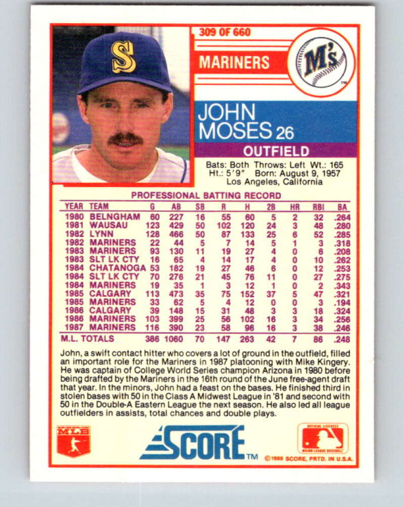 1988 Score #309 John Moses Mint Seattle Mariners  Image 2