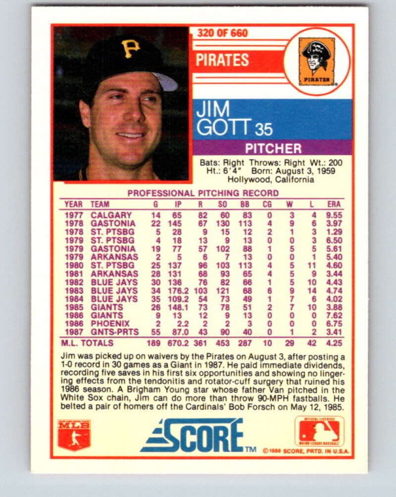 1988 Score #320 Jim Gott Mint Pittsburgh Pirates  Image 2