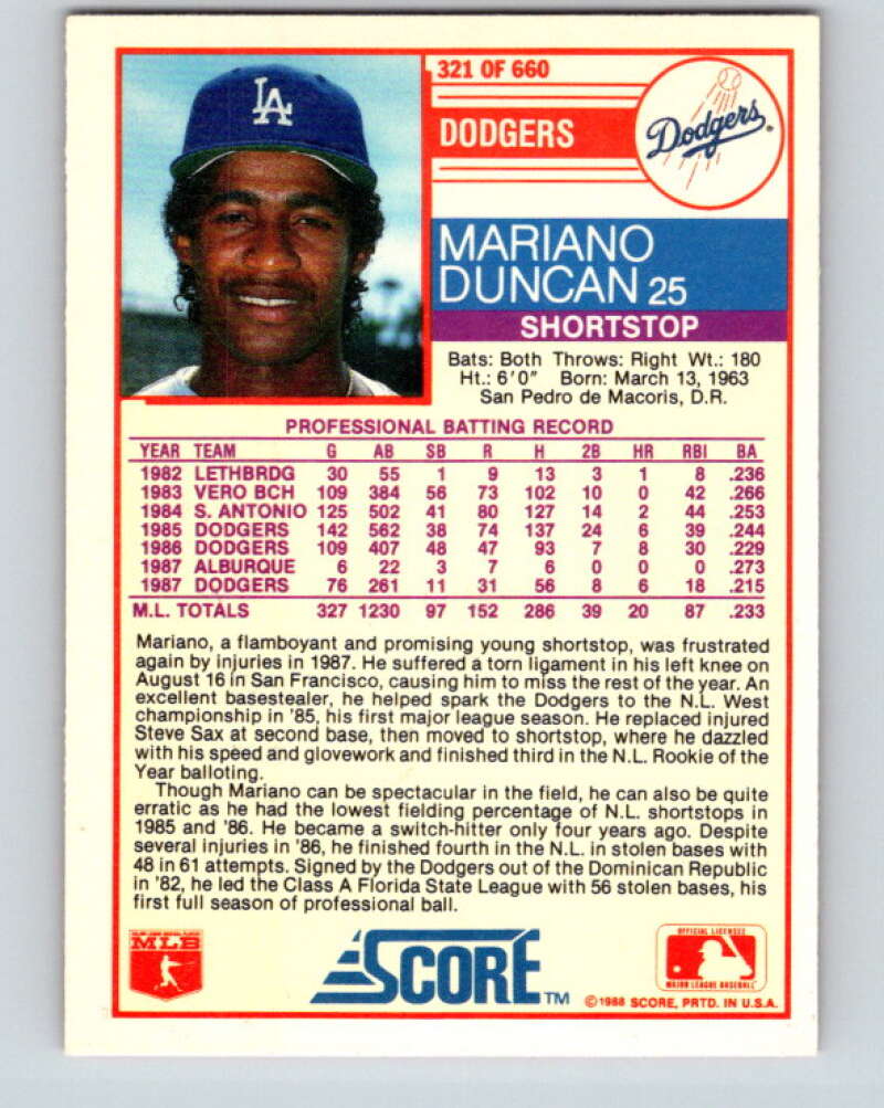 1988 Score #321 Mariano Duncan Mint Los Angeles Dodgers  Image 2