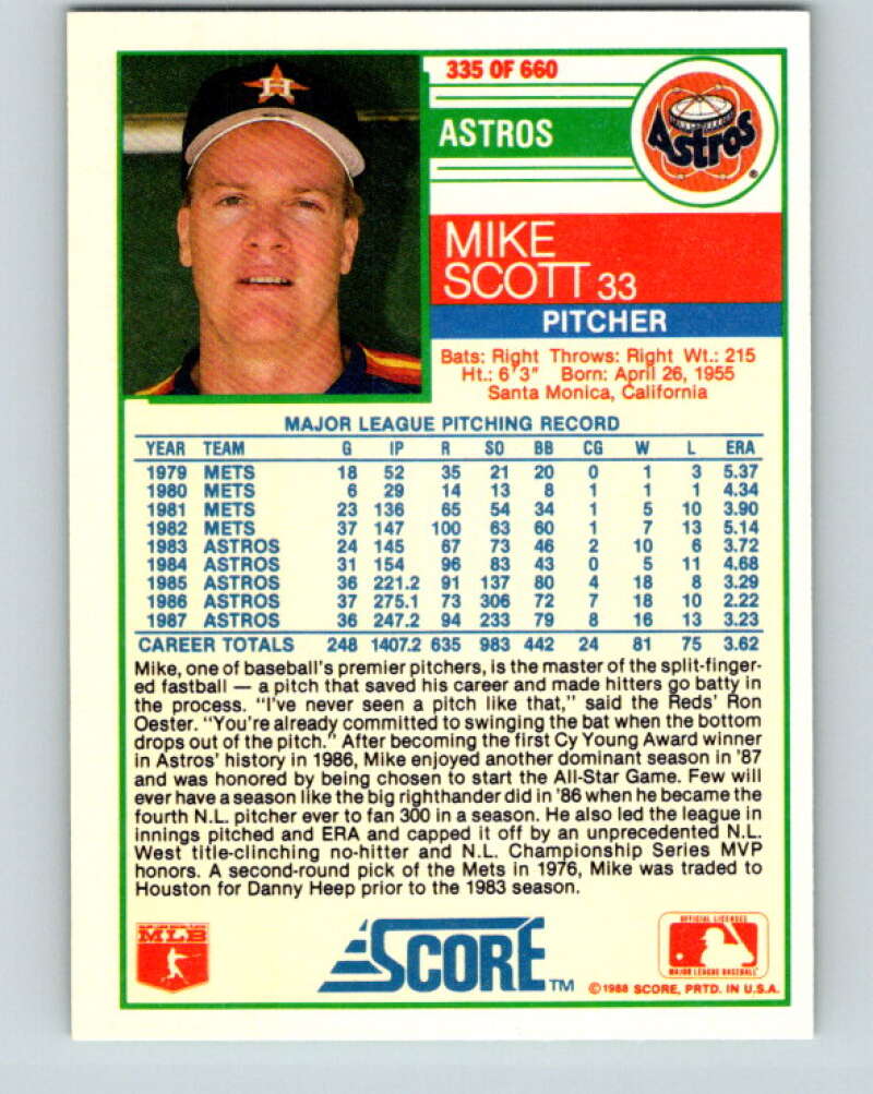 1988 Score #335 Mike Scott Mint Houston Astros  Image 2