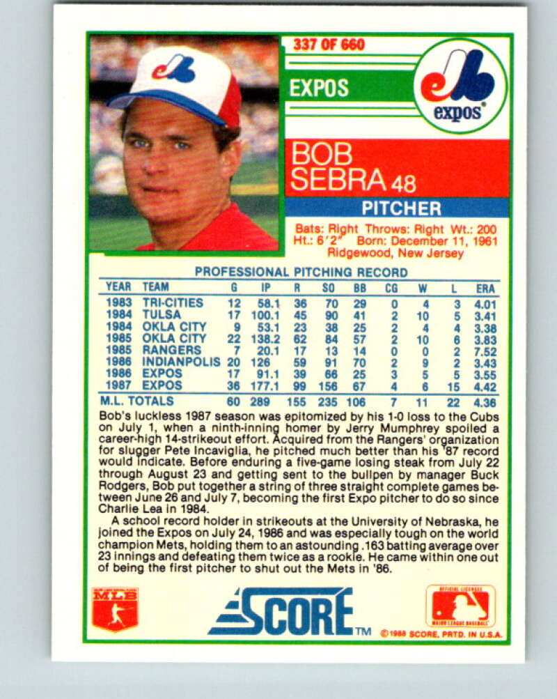 1988 Score #337 Bob Sebra Mint Montreal Expos