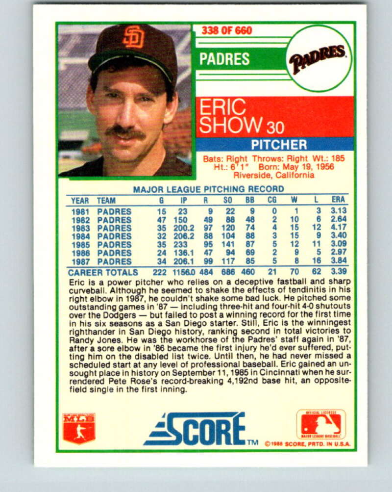 1988 Score #338 Eric Show Mint San Diego Padres  Image 2