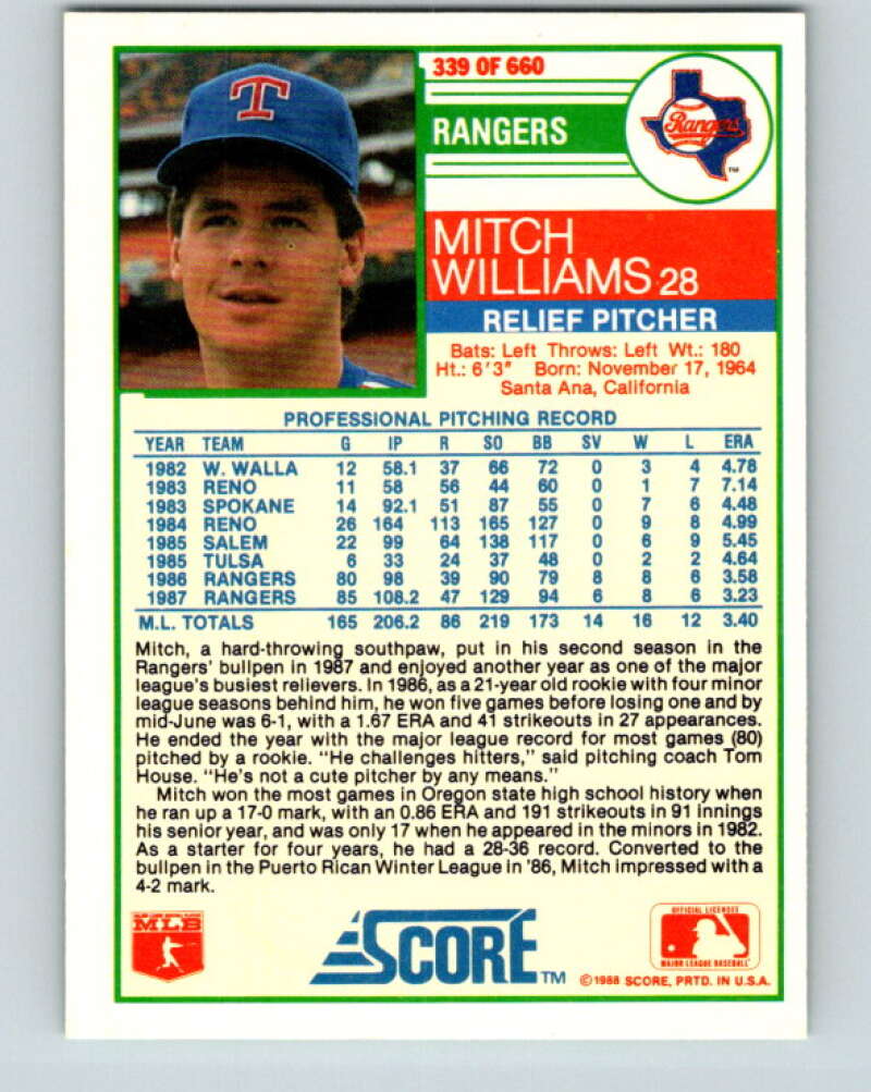 1988 Score #339 Mitch Williams Mint Texas Rangers  Image 2