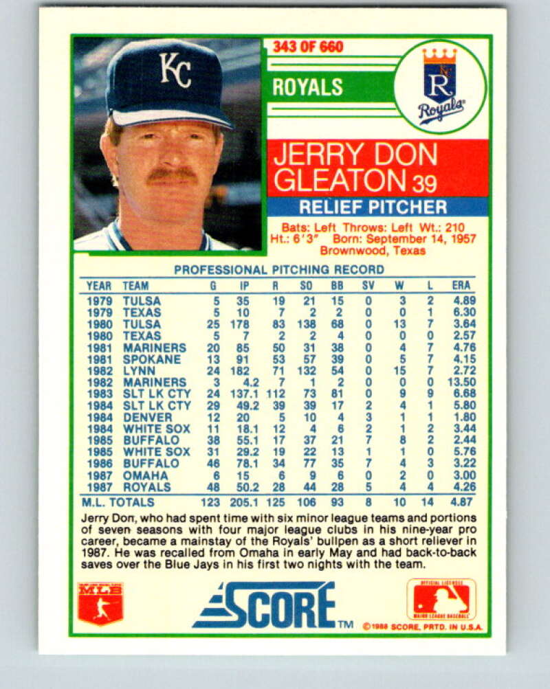 1988 Score #343 Jerry Don Gleaton Mint Kansas City Royals  Image 2