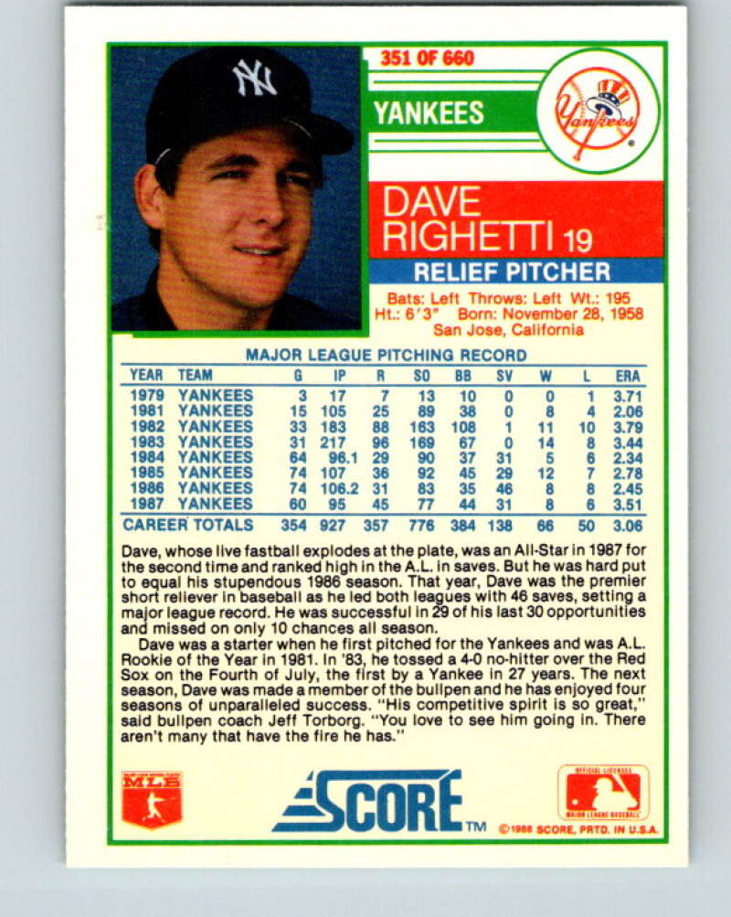 1988 Score #351 Dave Righetti Mint New York Yankees  Image 2