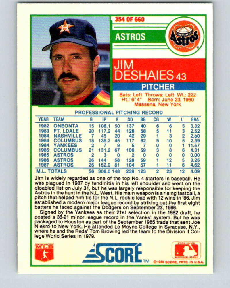 1988 Score #354 Jim Deshaies Mint Houston Astros  Image 2