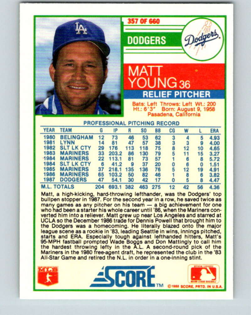 1988 Score #357 Matt Young Mint Los Angeles Dodgers  Image 2