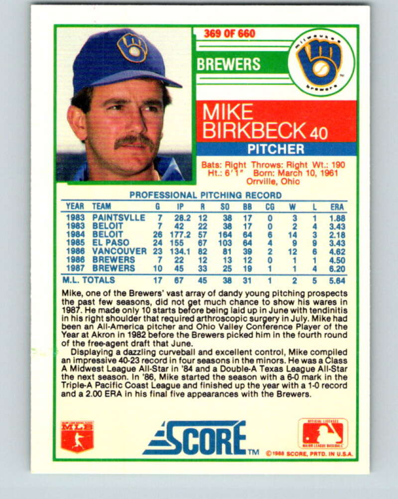 1988 Score #369 Mike Birkbeck Mint Milwaukee Brewers  Image 2