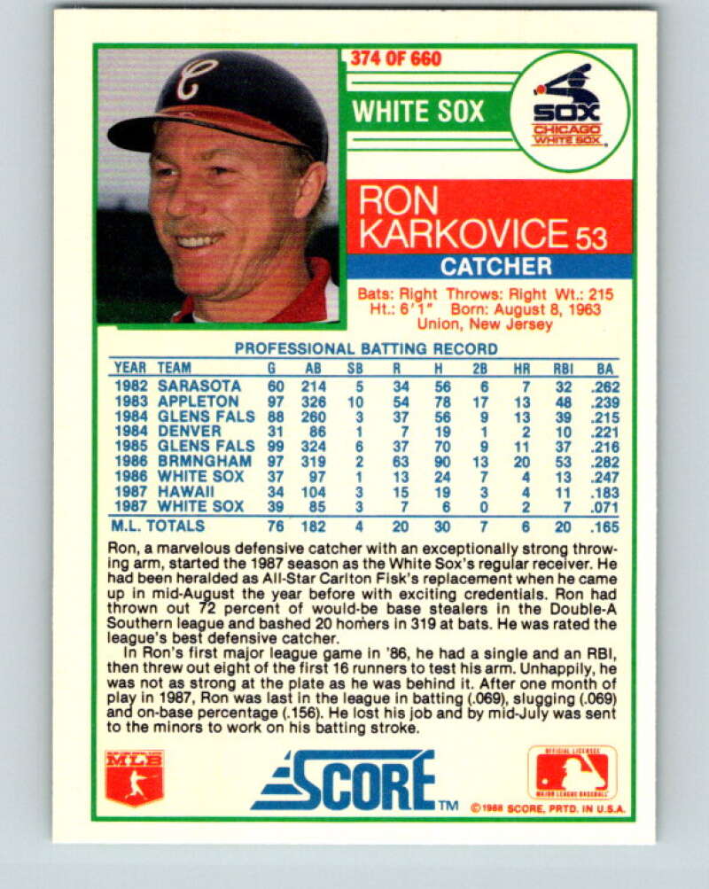 1988 Score #374 Ron Karkovice Mint Chicago White Sox  Image 2