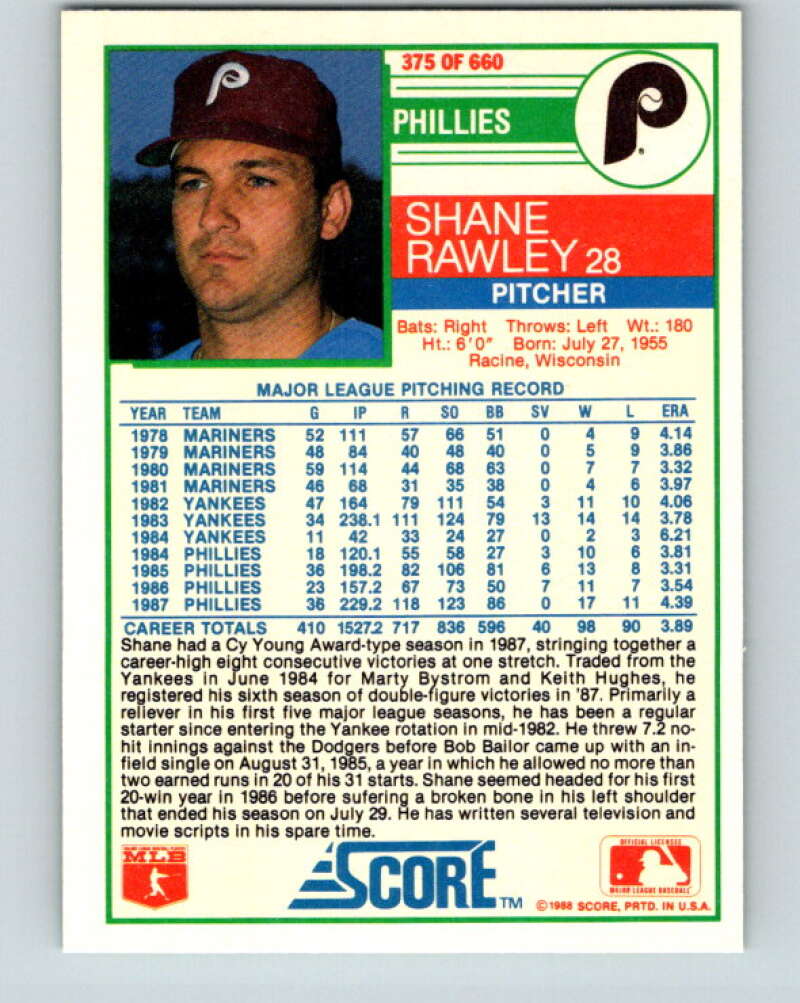 1988 Score #375 Shane Rawley Mint Philadelphia Phillies  Image 2