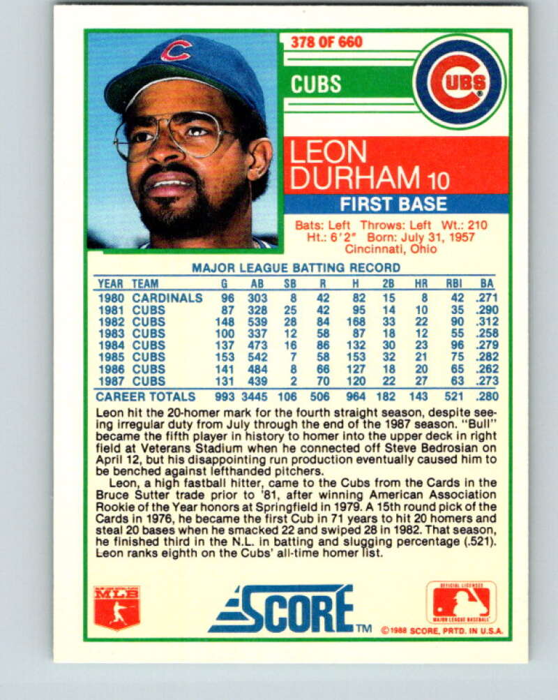 1988 Score #378 Leon Durham Mint Chicago Cubs  Image 2