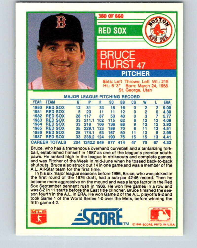 1988 Score #380 Bruce Hurst Mint Boston Red Sox  Image 2