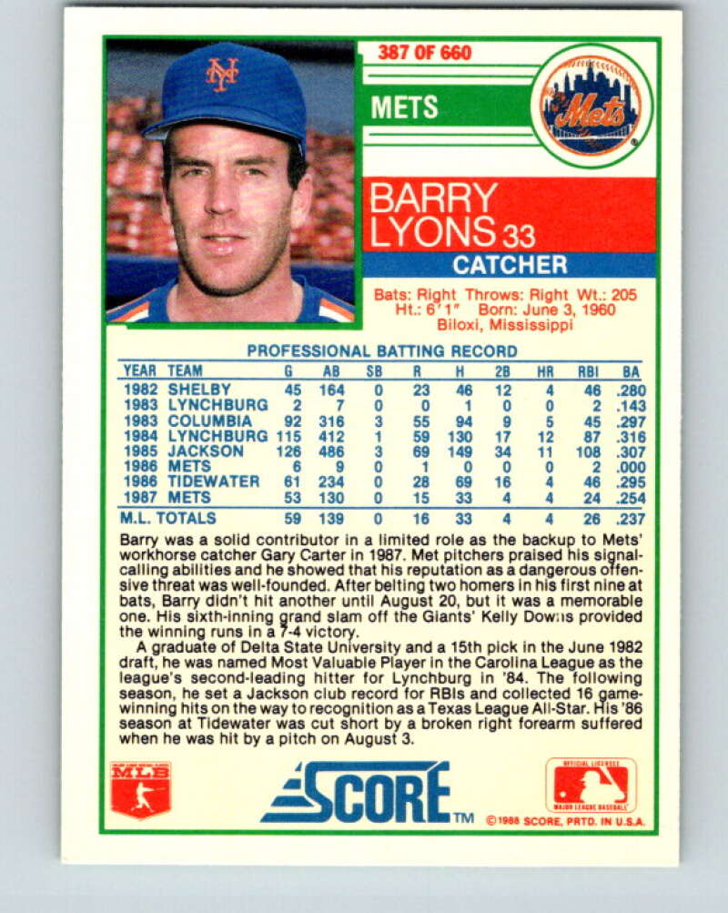 1988 Score #387 Barry Lyons Mint RC Rookie New York Mets  Image 2