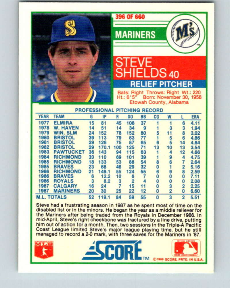 1988 Score #396 Steve Shields Mint Seattle Mariners  Image 2