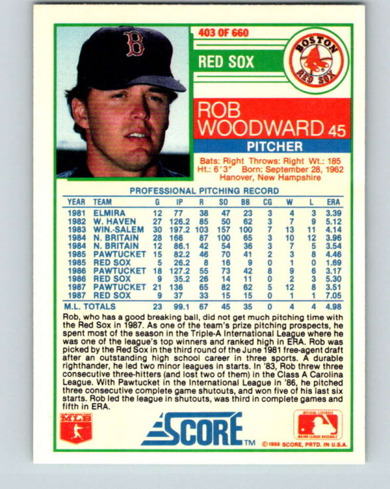1988 Score #403 Rob Woodward Mint Boston Red Sox  Image 2