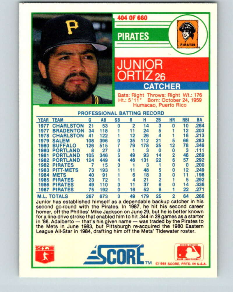 1988 Score #404 Junior Ortiz Mint Pittsburgh Pirates  Image 2