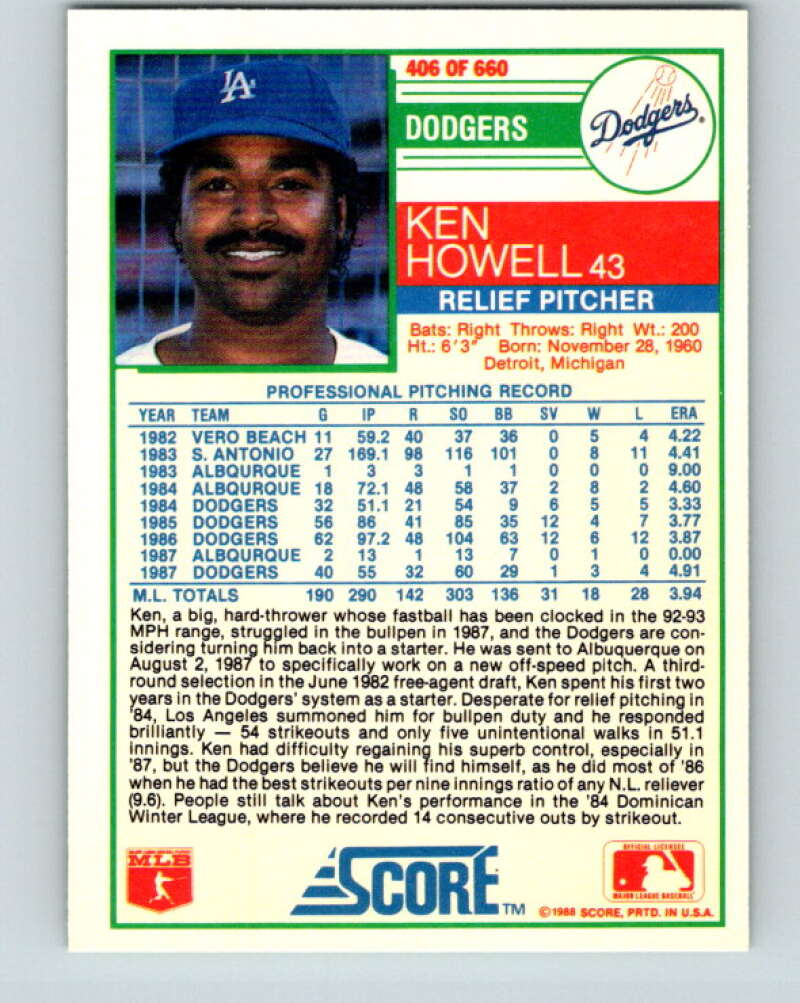 1988 Score #406 Ken Howell Mint Los Angeles Dodgers  Image 2