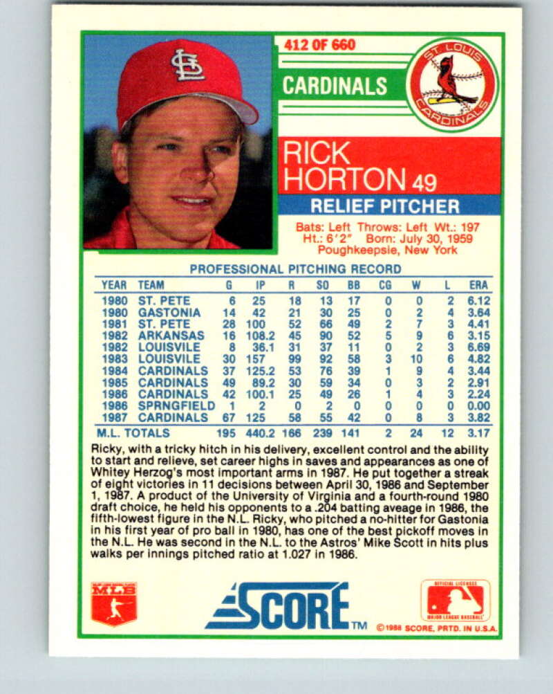 1988 Score #412 Ricky Horton Mint St. Louis Cardinals  Image 2