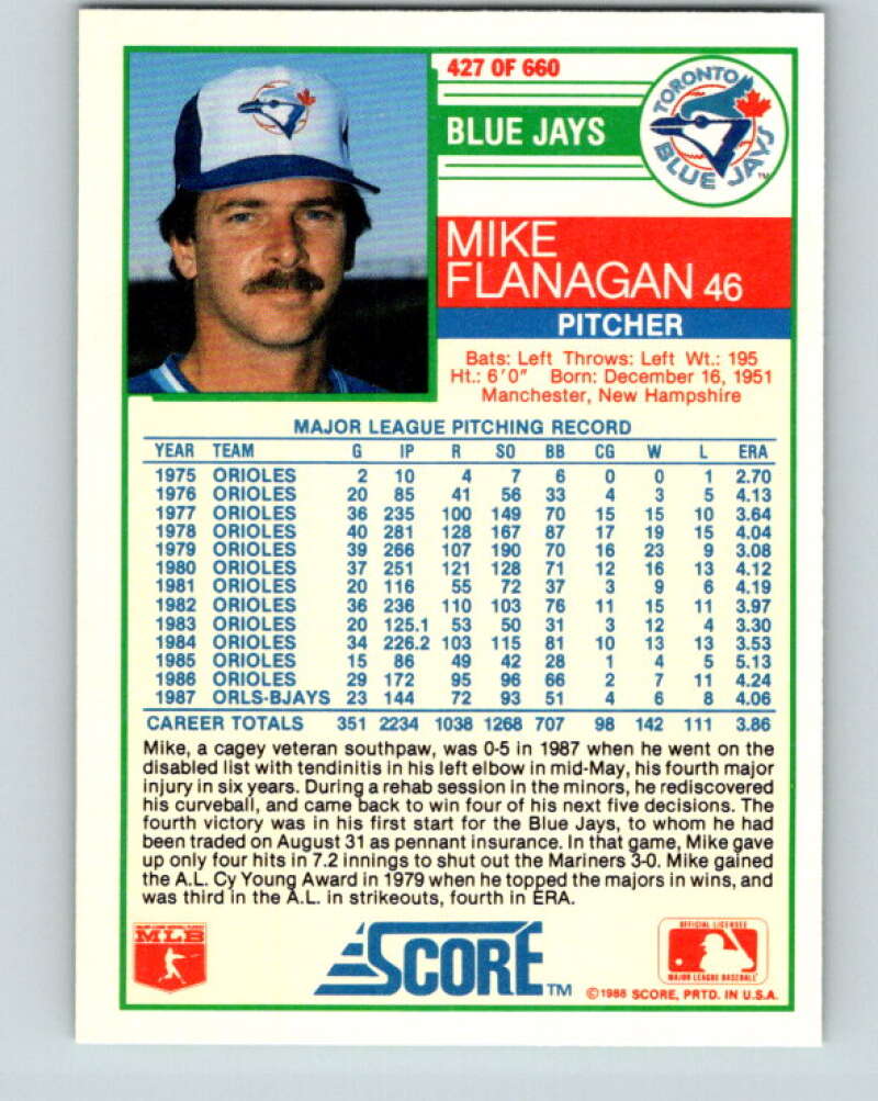 1988 Score #427 Mike Flanagan Mint Toronto Blue Jays  Image 2