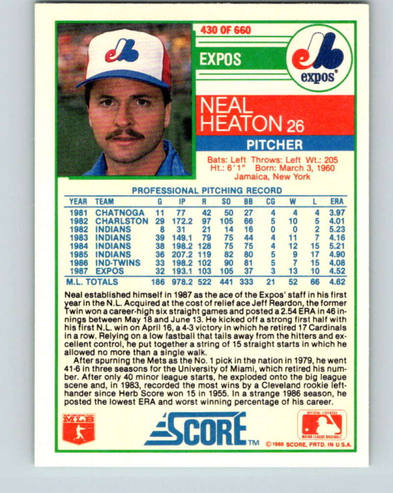 1988 Score #430 Neal Heaton Mint Montreal Expos  Image 2