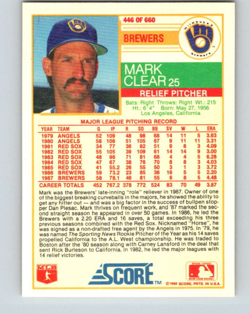 1988 Score #446 Mark Clear Mint Milwaukee Brewers  Image 2