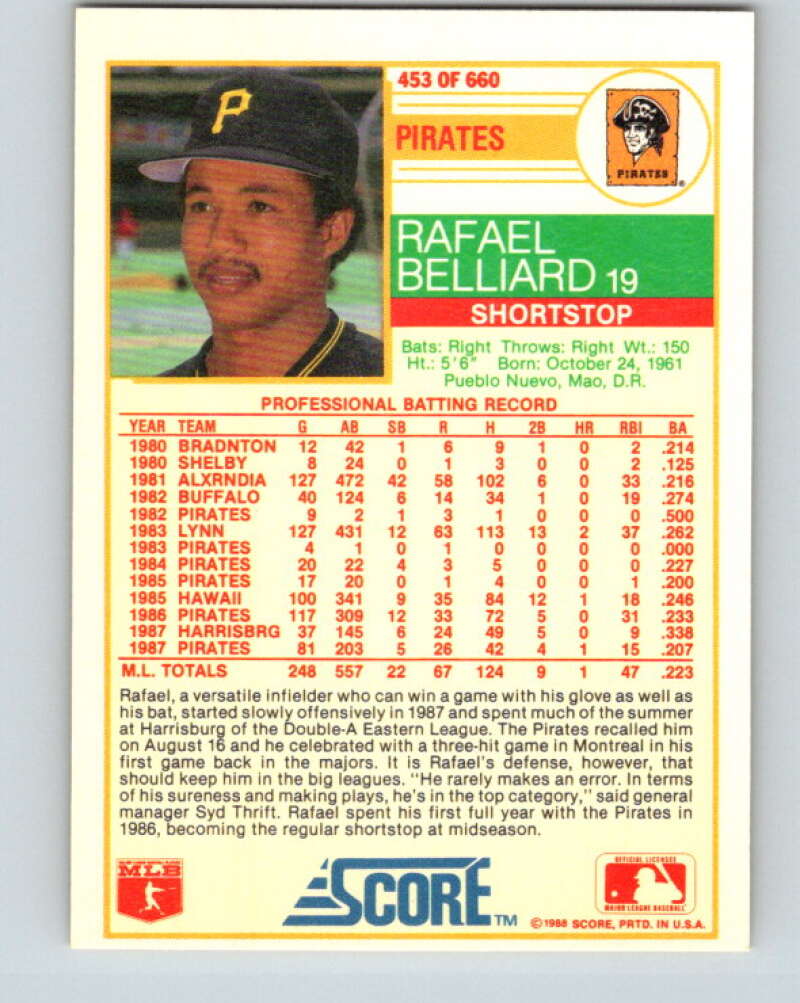 1988 Score #453 Rafael Belliard Mint Pittsburgh Pirates  Image 2