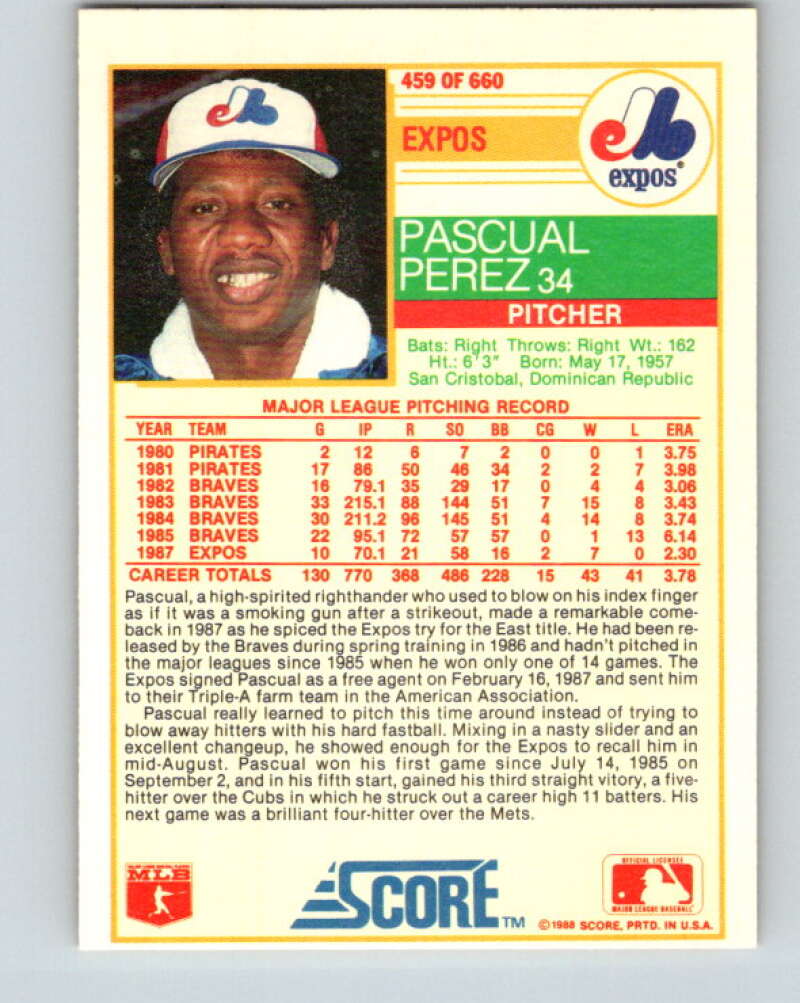 1988 Score #459 Pascual Perez Mint Montreal Expos  Image 2