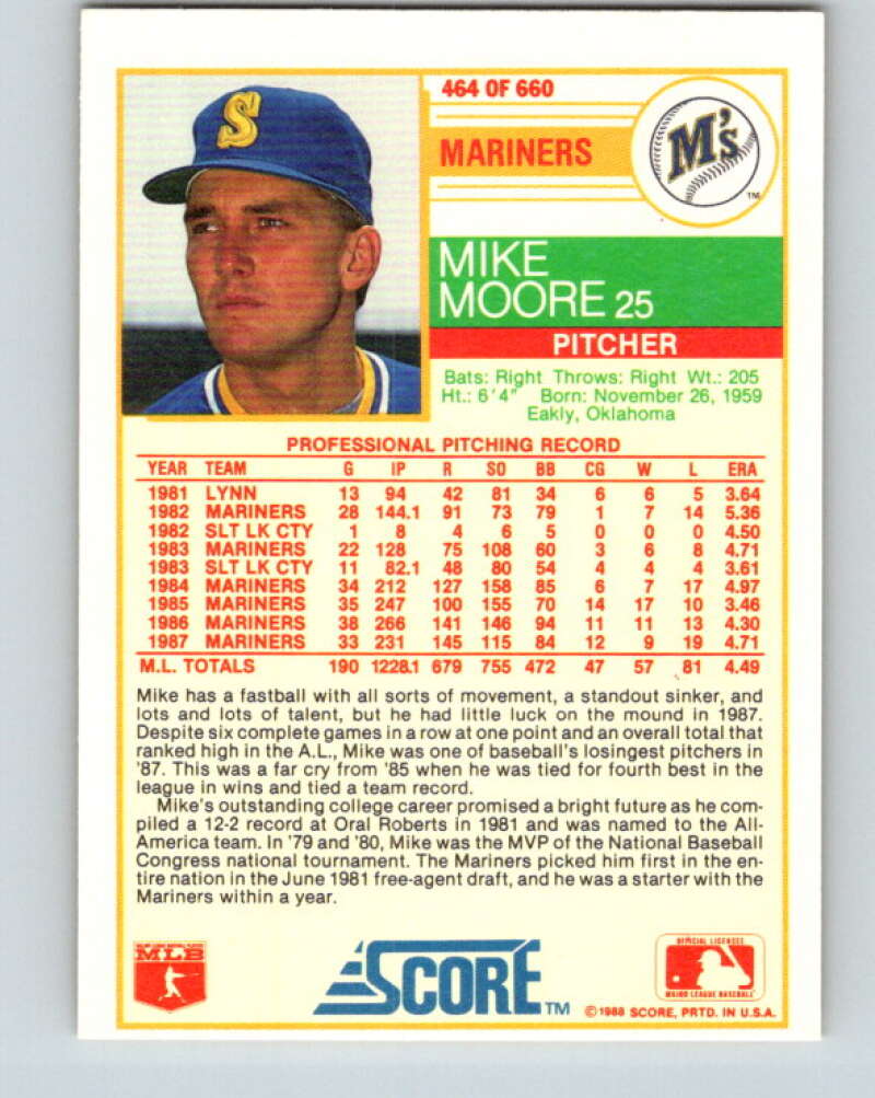 1988 Score #464 Mike Moore Mint Seattle Mariners  Image 2