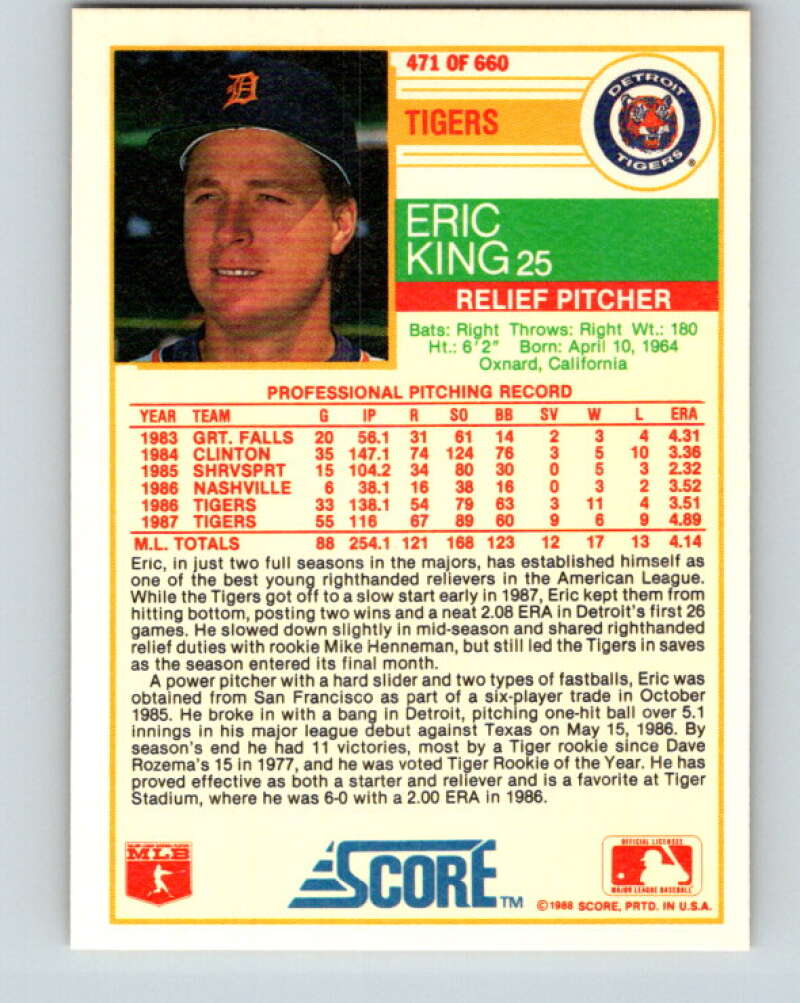 1988 Score #471 Eric King Mint Detroit Tigers  Image 2