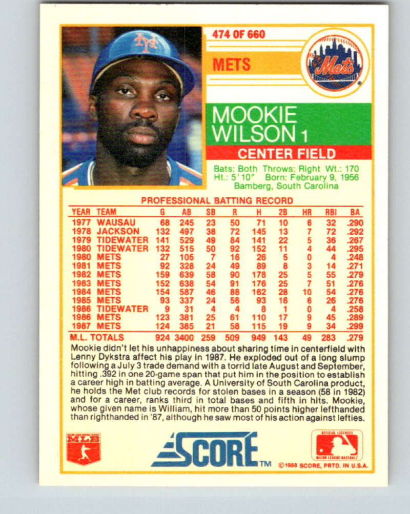 1988 Score #474 Mookie Wilson Mint New York Mets  Image 2