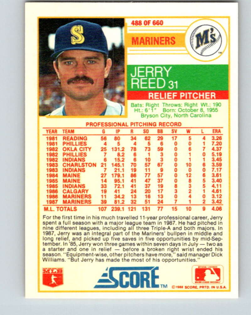 1988 Score #488 Jerry Reed Mint Seattle Mariners  Image 2