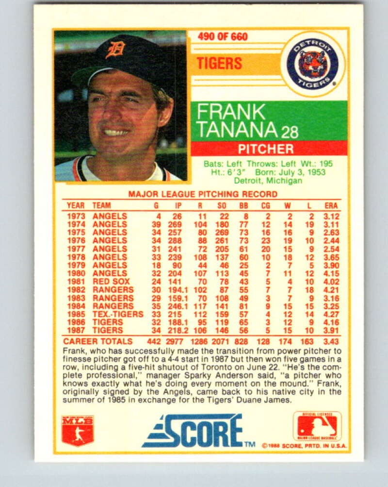 1988 Score #490 Frank Tanana Mint Detroit Tigers  Image 2