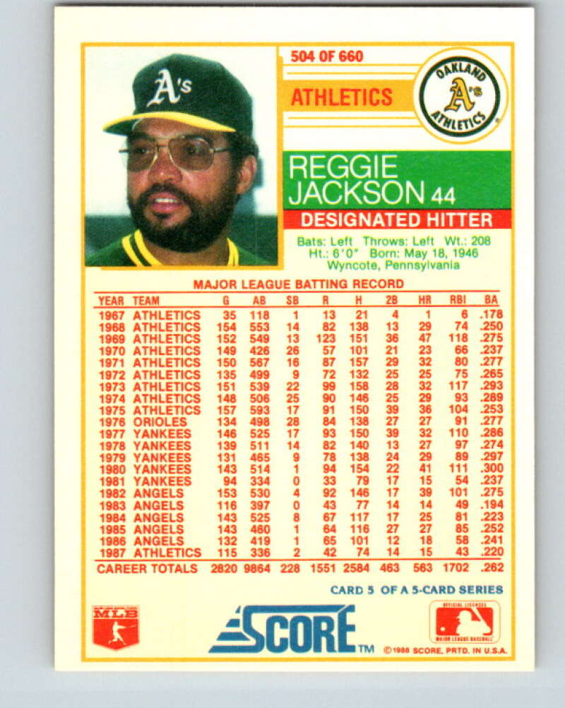 1988 Score #504 Reggie Jackson Special A's Mint Oakland Athletics