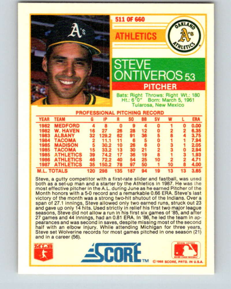 1988 Score #511 Steve Ontiveros Mint Oakland Athletics  Image 2