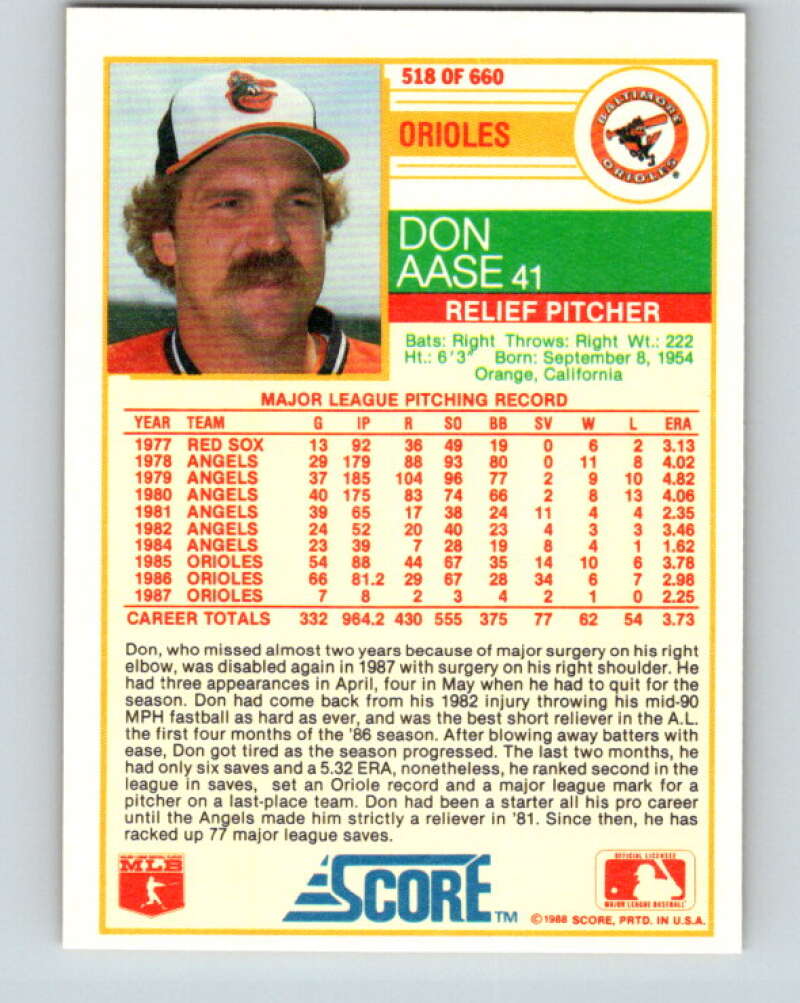 1988 Score #518 Don Aase Mint Baltimore Orioles  Image 2